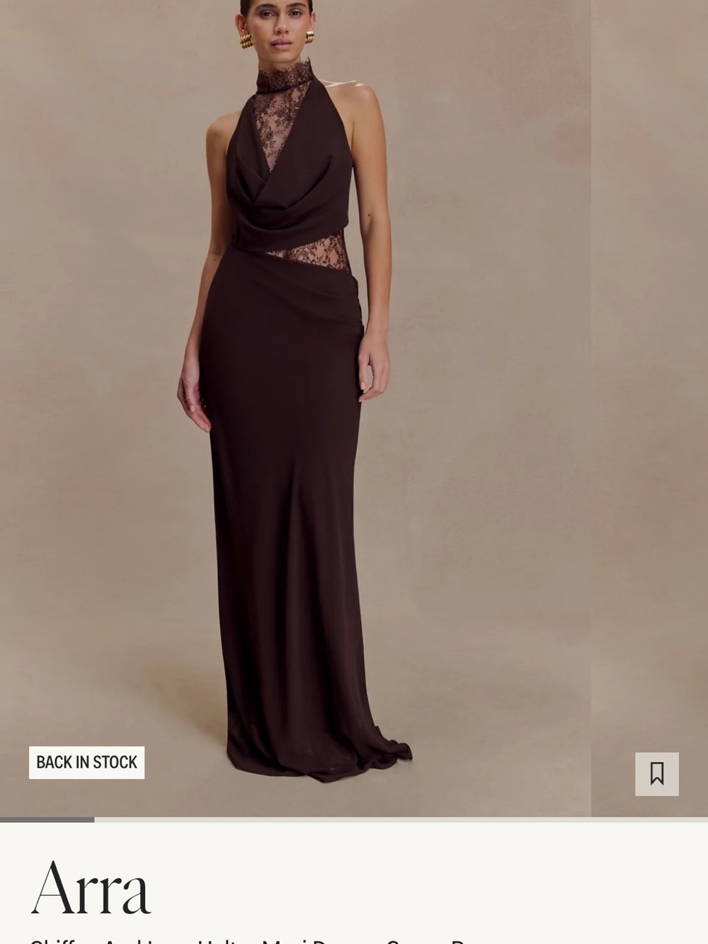 Meshki Chocolate Brown Lace Halter Maxi Dress